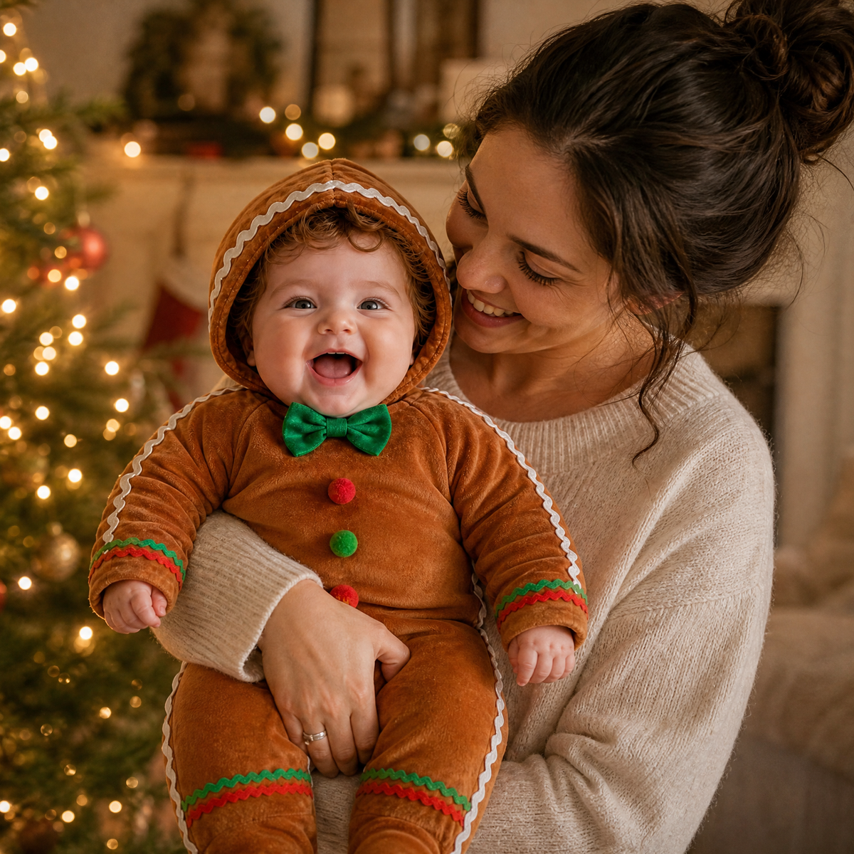 Mamá con su bebé vestido de galleta de jengibre junto al árbol de Navidad