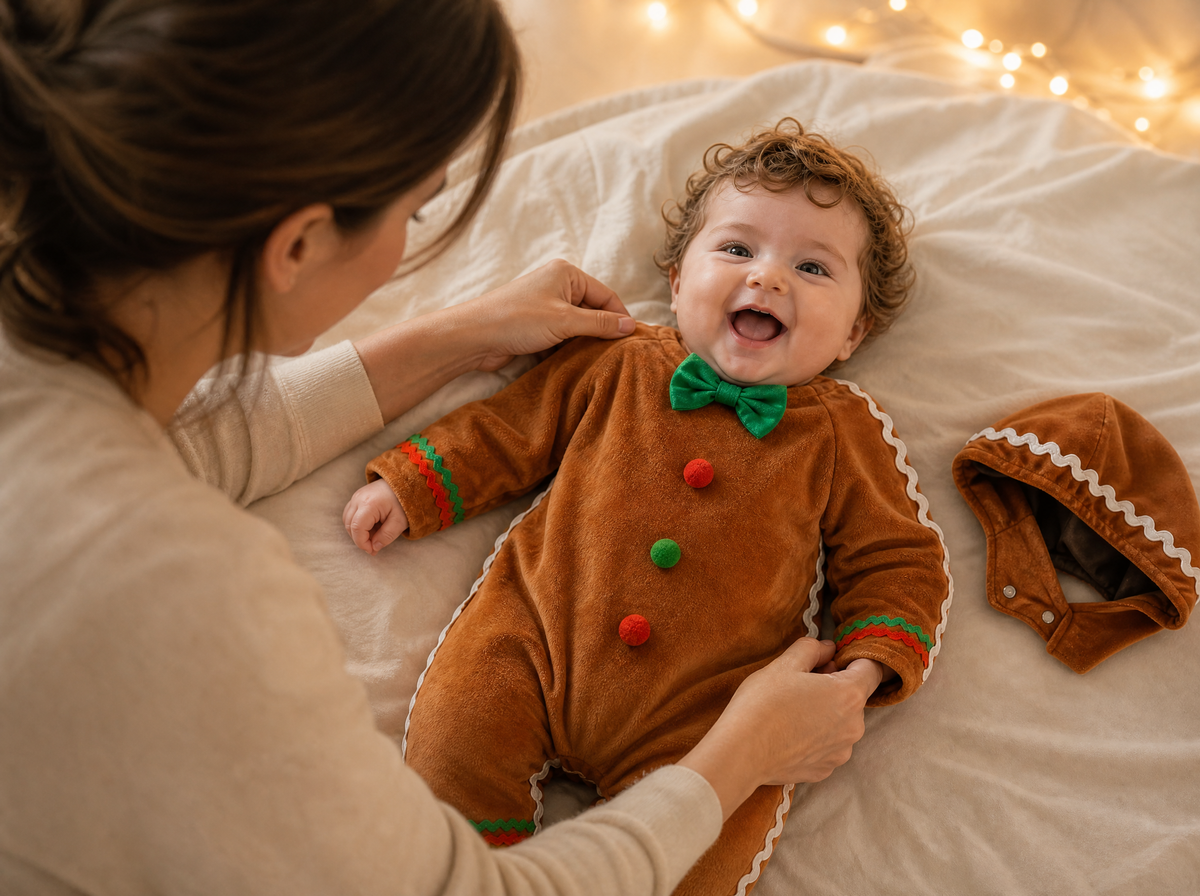 Mamá con su bebé vestido de galleta de jengibre junto al árbol de Navidad